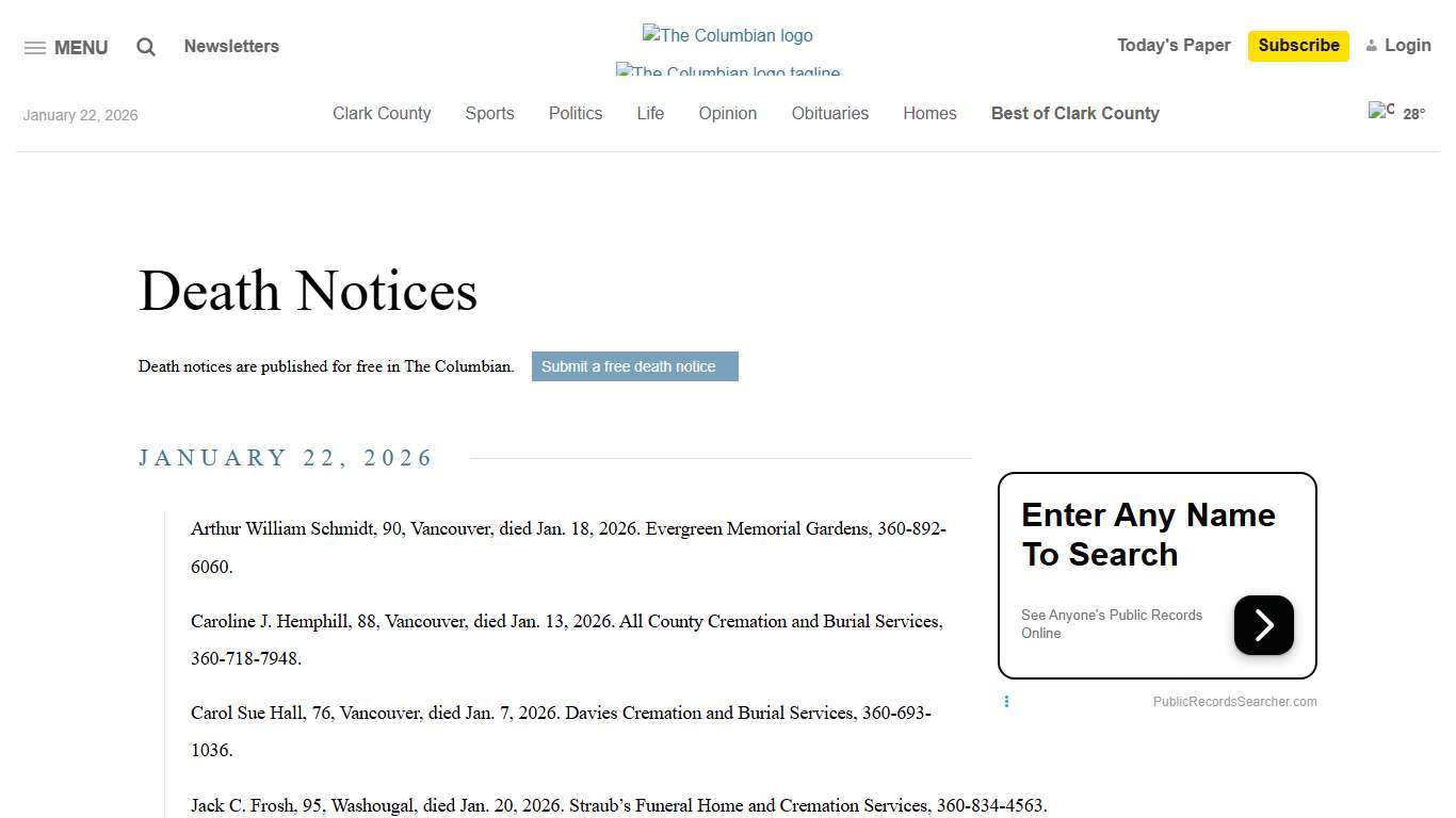 Death Notices - The Columbian