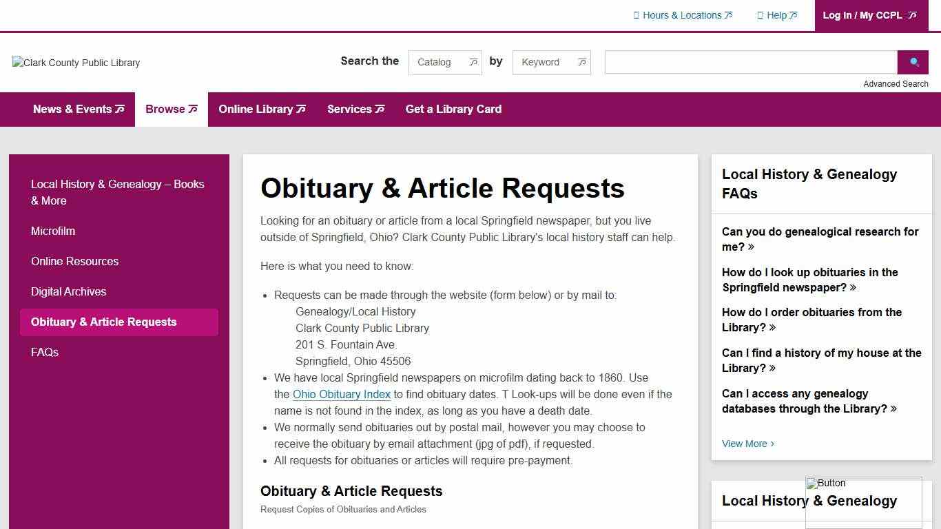 Obituary & Article Requests Clark County Public Library